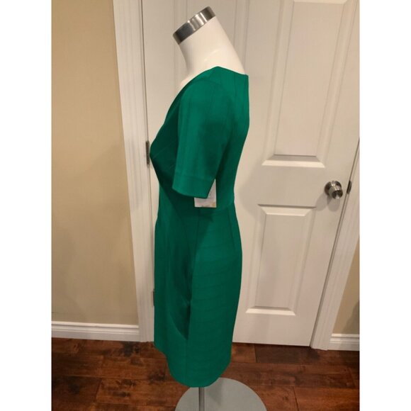 Kay Unger Green Ribbed V-Neck Pencil Dress, Size 4 - Picture 3 of 5